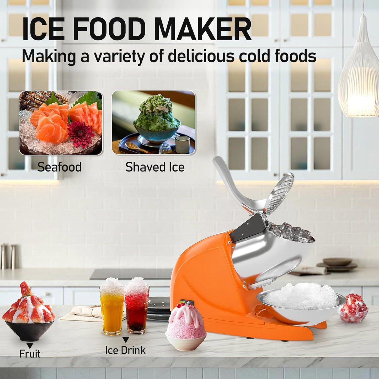Shaved Ice Machine, Electric 3 Blade Snow Cone Machine, 380W Crusher Ice Maker, 286 lb/hr Ice Crusher, Commercial and Home Ice Crusher (Orange)