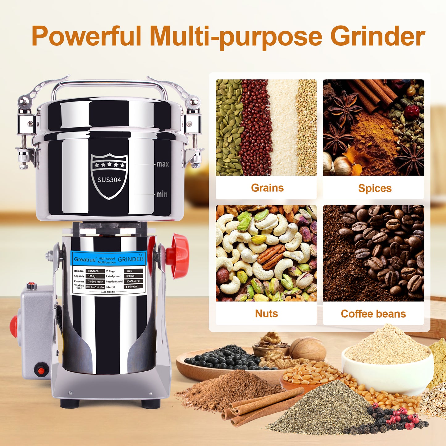 1000g Electric Grain Mill Grinder, 304 Stainless Steel Flour Mill, 3000W High Speed Spice Grinder, Electric Grain Mill for Dry Wheat, Oats, Corn, Pepper and Coffee Beans