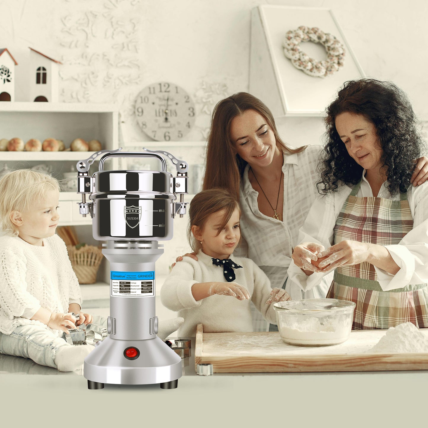 150g Electric Grain Mill Grinder, 304 Stainless Steel Flour Mill, 1500W High Speed Spice Grinder, Electric Grain Mill for Dry Wheat, Oats, Corn, Pepper and Coffee Beans