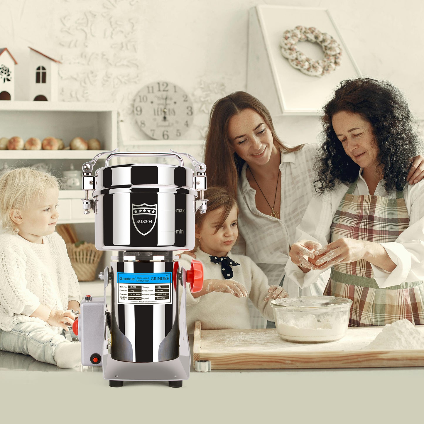 750g Electric Grain Mill Grinder, 304 Stainless Steel Flour Mill, 2800W High Speed Spice Grinder, Electric Grain Mill for Dry Wheat, Oats, Corn, Pepper and Coffee Beans