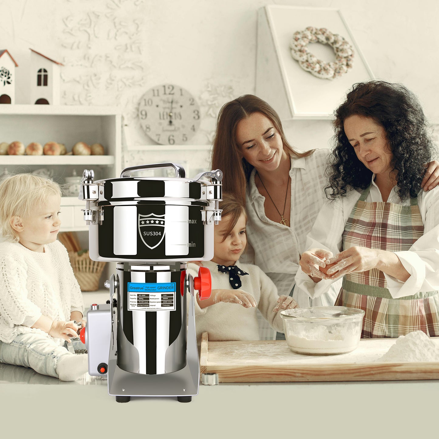 2000g Electric Grain Mill Grinder, 304 Stainless Steel Flour Mill, 3600W High Speed Spice Grinder, Electric Grain Mill for Dry Wheat, Oats, Corn, Pepper and Coffee Beans