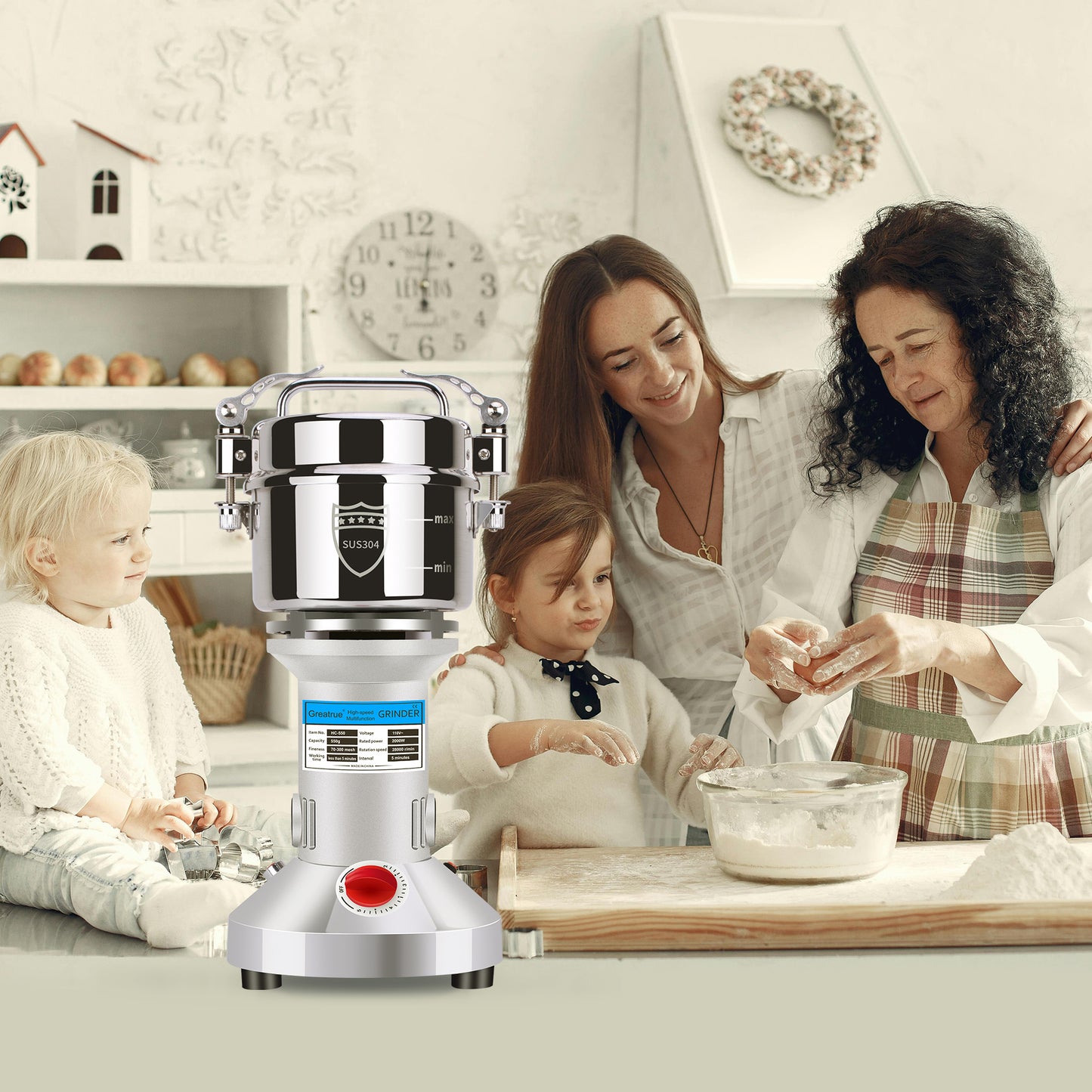 550g Electric Grain Mill Grinder, 304 Stainless Steel Flour Mill, 2000W High Speed Spice Grinder, Electric Grain Mill for Dry Wheat, Oats, Corn, Pepper and Coffee Beans