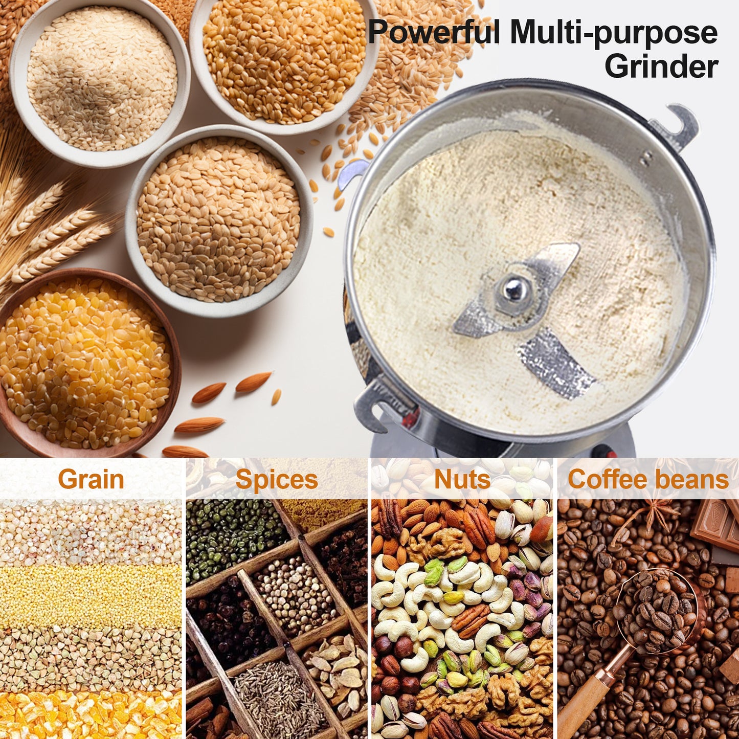 550g Electric Grain Mill Grinder, 304 Stainless Steel Flour Mill, 2000W High Speed Spice Grinder, Electric Grain Mill for Dry Wheat, Oats, Corn, Pepper and Coffee Beans