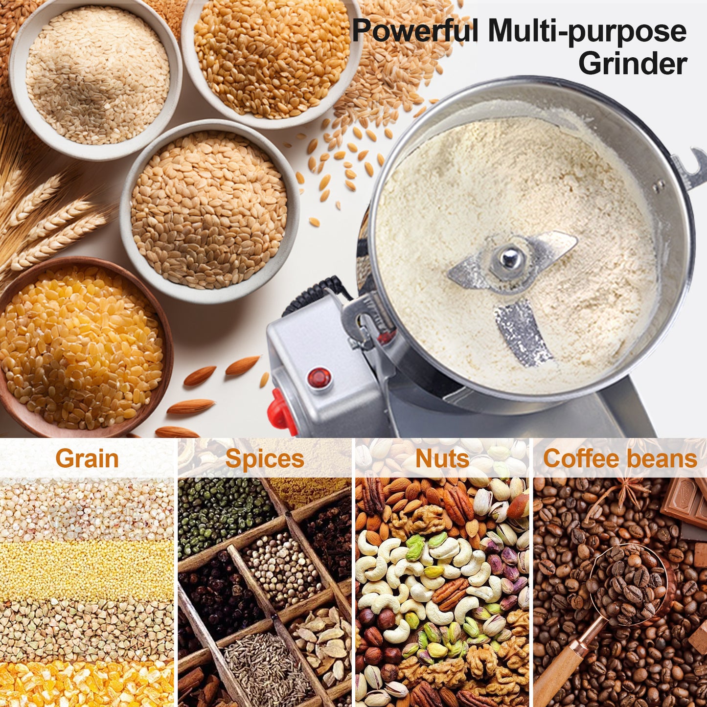 750g Electric Grain Mill Grinder, 304 Stainless Steel Flour Mill, 2800W High Speed Spice Grinder, Electric Grain Mill for Dry Wheat, Oats, Corn, Pepper and Coffee Beans