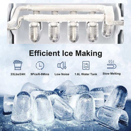 Countertop Ice Maker, 9 Ice Cubes in 6 Mins, 33 Lbs/24 Hrs, 2 Ice Cube Sizes, Self-Cleaning, Quiet Operation, Compact Design for Home/Office/Kitchen/Camping (Stainless Steel)