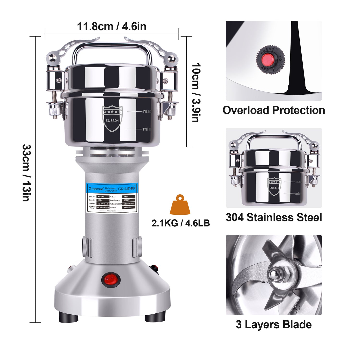 150g Electric Grain Mill Grinder, 304 Stainless Steel Flour Mill, 1500W High Speed Spice Grinder, Electric Grain Mill for Dry Wheat, Oats, Corn, Pepper and Coffee Beans