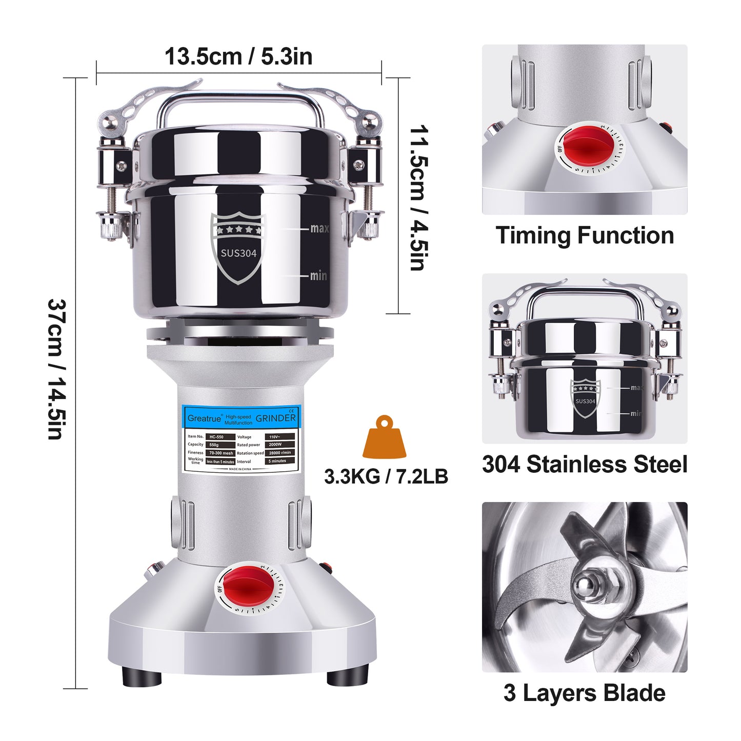 550g Electric Grain Mill Grinder, 304 Stainless Steel Flour Mill, 2000W High Speed Spice Grinder, Electric Grain Mill for Dry Wheat, Oats, Corn, Pepper and Coffee Beans