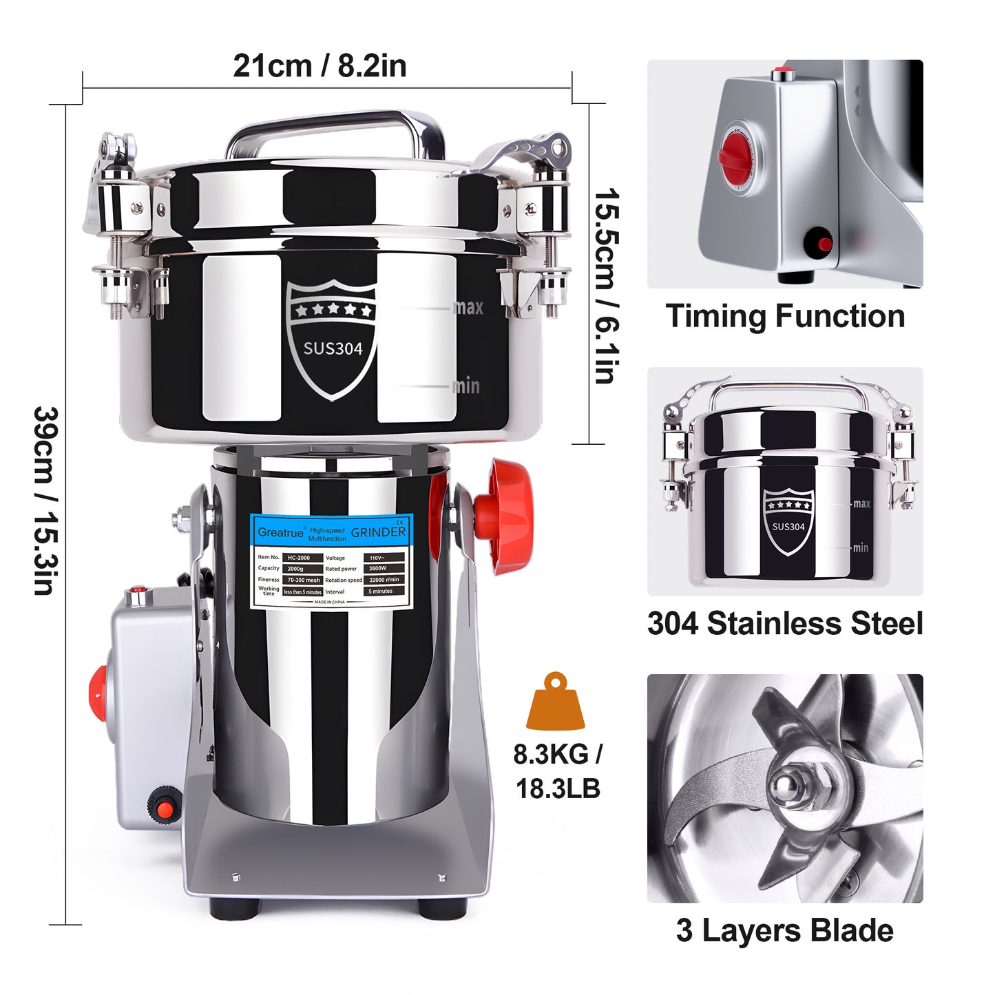 2000g Electric Grain Mill Grinder, 304 Stainless Steel Flour Mill, 3600W High Speed Spice Grinder, Electric Grain Mill for Dry Wheat, Oats, Corn, Pepper and Coffee Beans