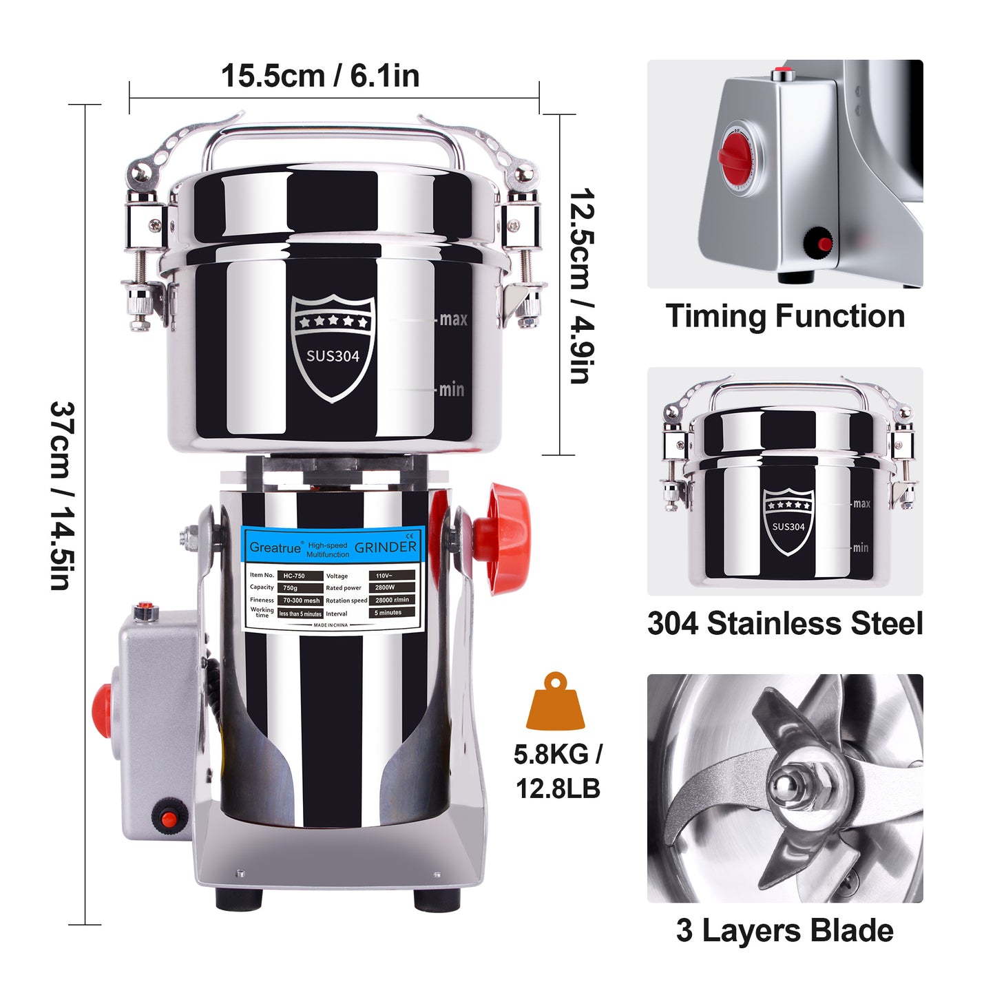 750g Electric Grain Mill Grinder, 304 Stainless Steel Flour Mill, 2800W High Speed Spice Grinder, Electric Grain Mill for Dry Wheat, Oats, Corn, Pepper and Coffee Beans