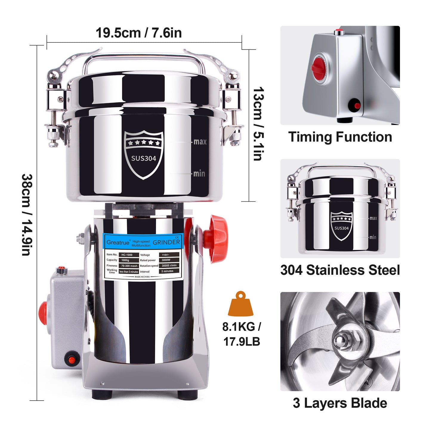 1000g Electric Grain Mill Grinder, 304 Stainless Steel Flour Mill, 3000W High Speed Spice Grinder, Electric Grain Mill for Dry Wheat, Oats, Corn, Pepper and Coffee Beans