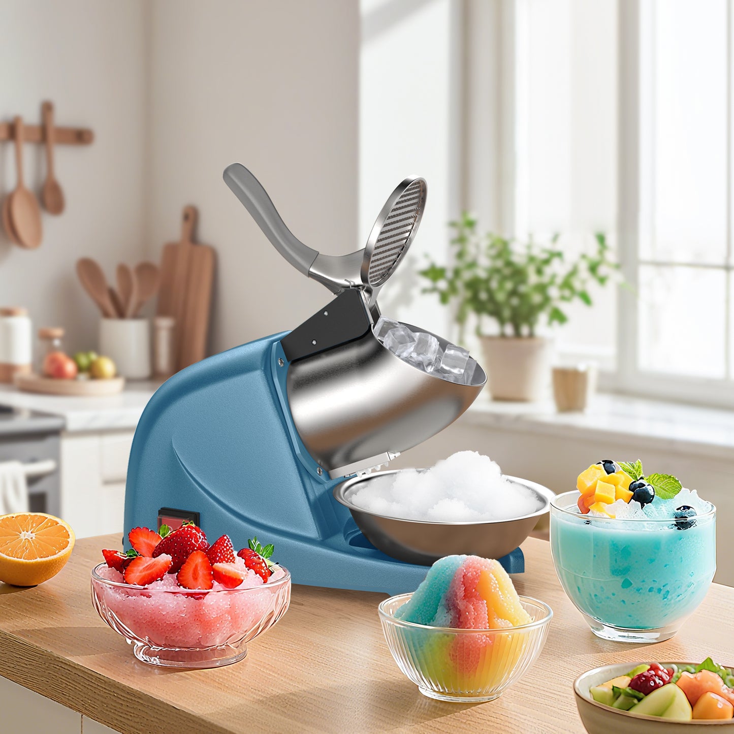 Shaved Ice Machine, Electric 3 Blade Snow Cone Machine, 380W Crusher Ice Maker, 286 lb/hr Ice Crusher, Commercial and Home Ice Crusher (Blue)