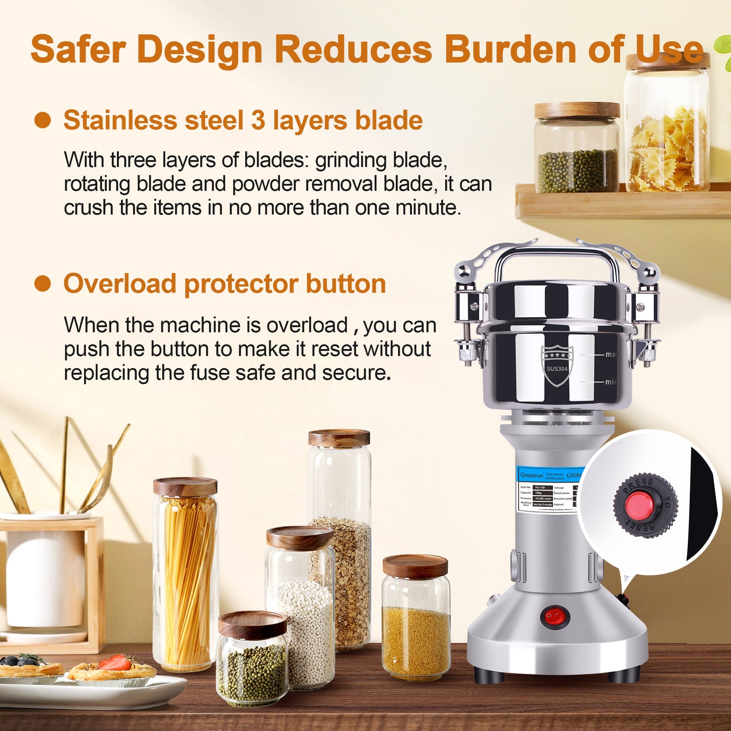 150g Electric Grain Mill Grinder, 304 Stainless Steel Flour Mill, 1500W High Speed Spice Grinder, Electric Grain Mill for Dry Wheat, Oats, Corn, Pepper and Coffee Beans