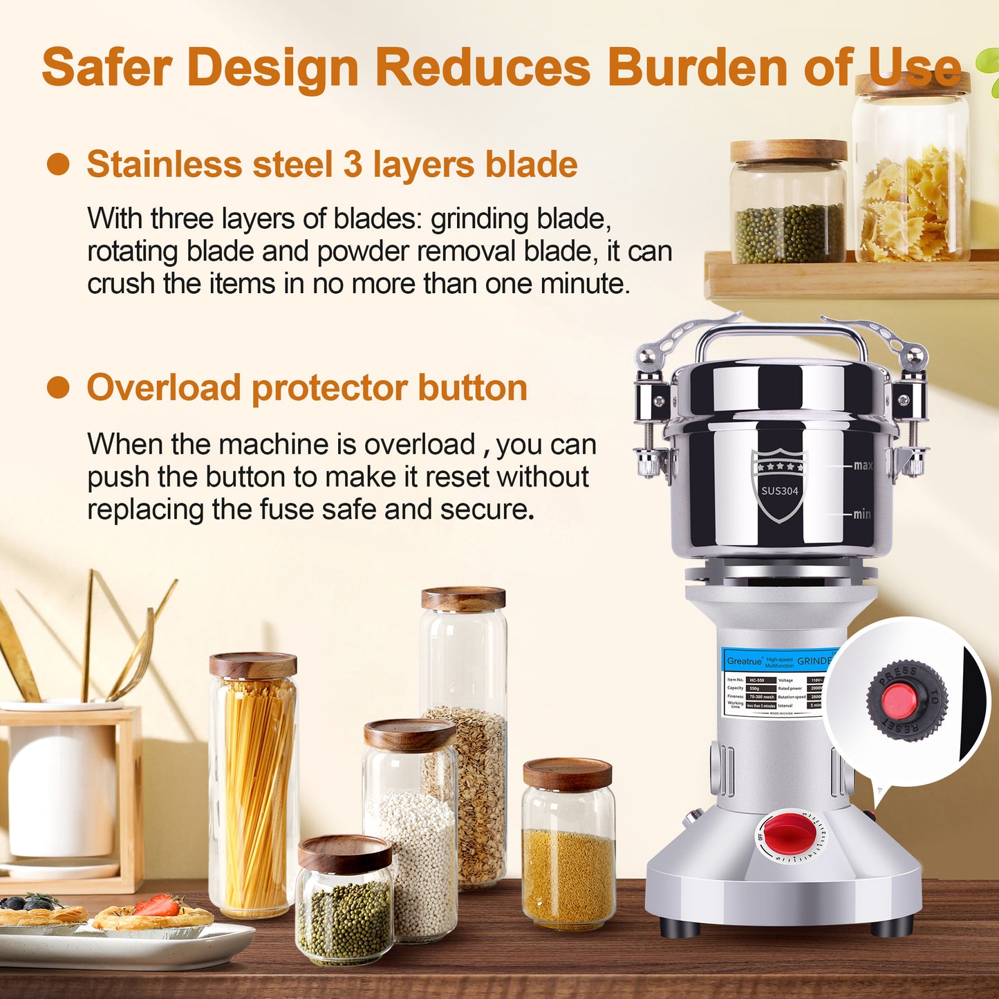 550g Electric Grain Mill Grinder, 304 Stainless Steel Flour Mill, 2000W High Speed Spice Grinder, Electric Grain Mill for Dry Wheat, Oats, Corn, Pepper and Coffee Beans