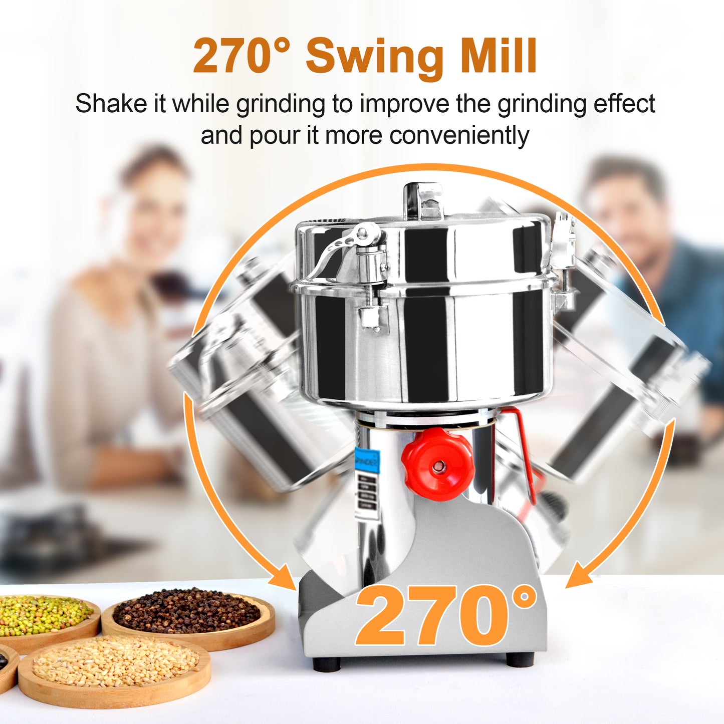 750g Electric Grain Mill Grinder, 304 Stainless Steel Flour Mill, 2800W High Speed Spice Grinder, Electric Grain Mill for Dry Wheat, Oats, Corn, Pepper and Coffee Beans