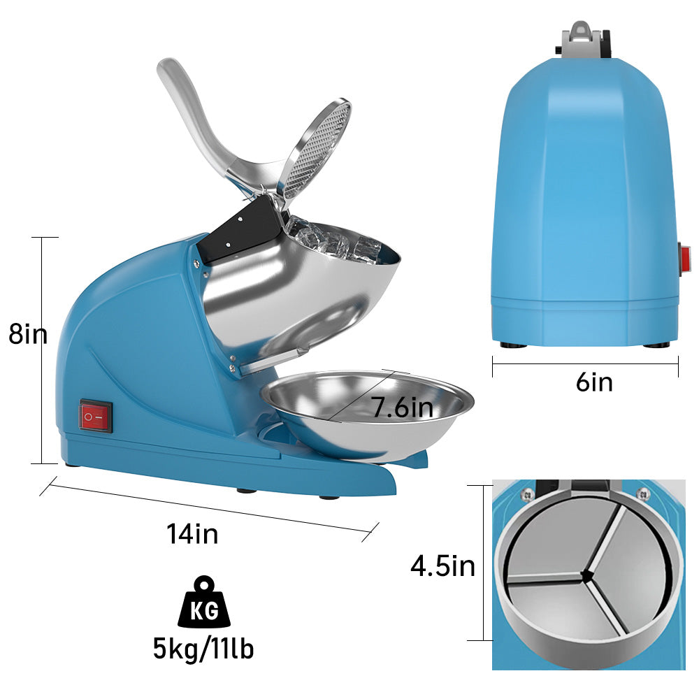 Shaved Ice Machine, Electric 3 Blade Snow Cone Machine, 380W Crusher Ice Maker, 286 lb/hr Ice Crusher, Commercial and Home Ice Crusher (Blue)