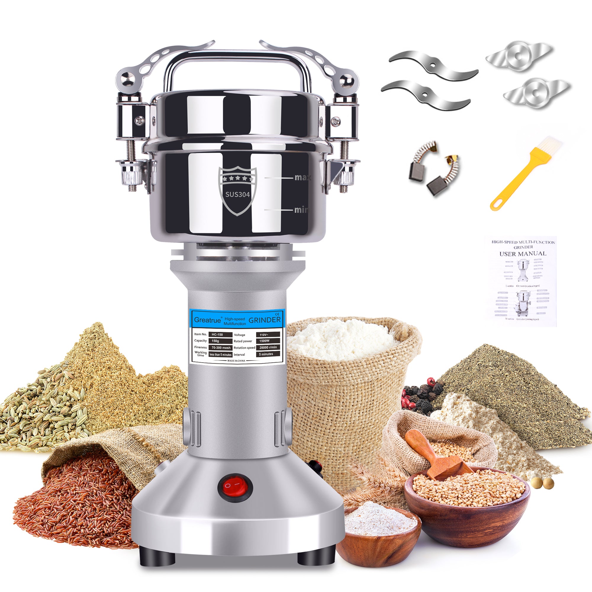 150g Electric Grain Mill Grinder, 304 Stainless Steel Flour Mill, 1500 ...