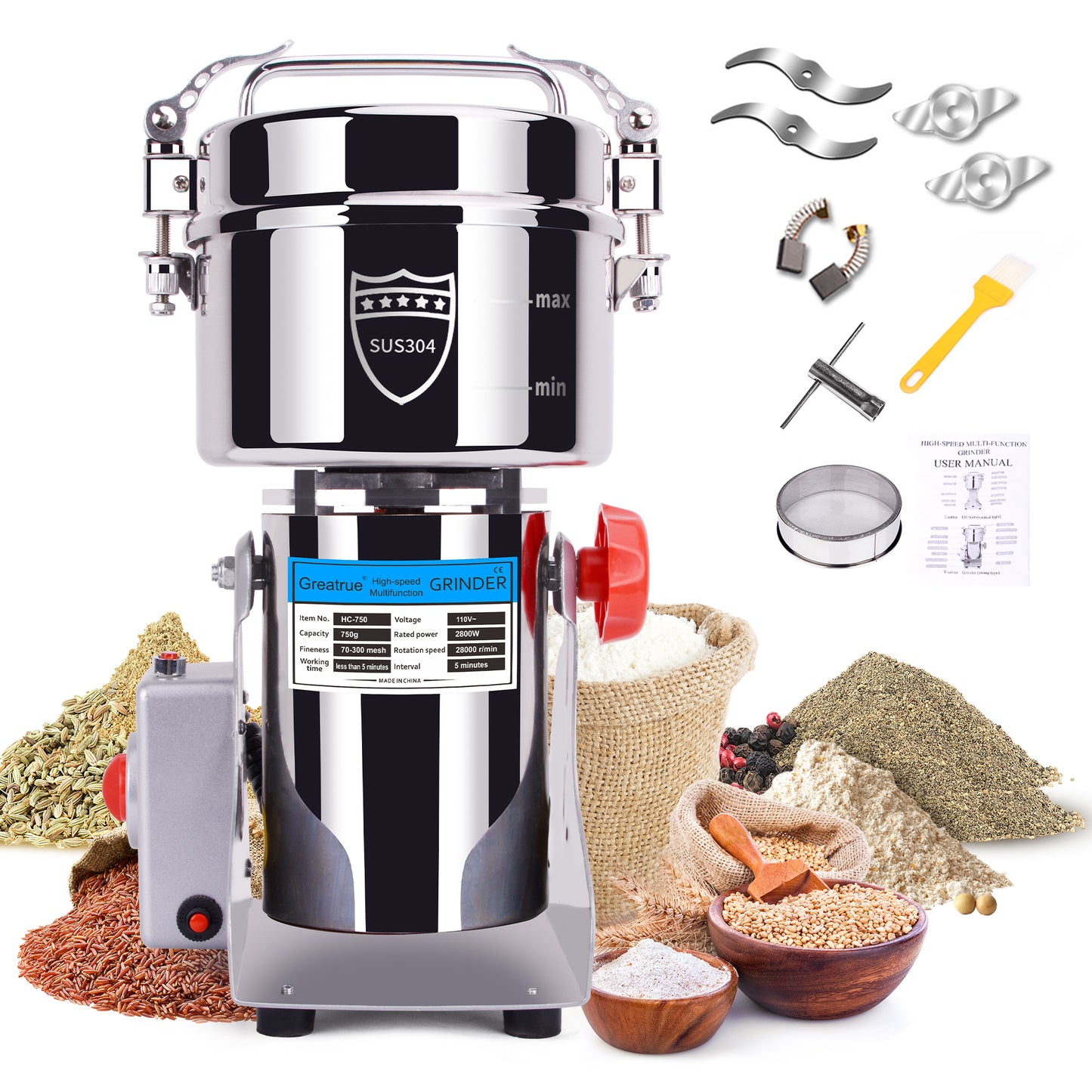750g Electric Grain Mill Grinder, 304 Stainless Steel Flour Mill, 2800W High Speed Spice Grinder, Electric Grain Mill for Dry Wheat, Oats, Corn, Pepper and Coffee Beans