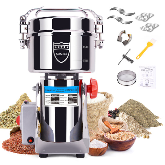 1000g Electric Grain Mill Grinder, 304 Stainless Steel Flour Mill, 3000W High Speed Spice Grinder, Electric Grain Mill for Dry Wheat, Oats, Corn, Pepper and Coffee Beans