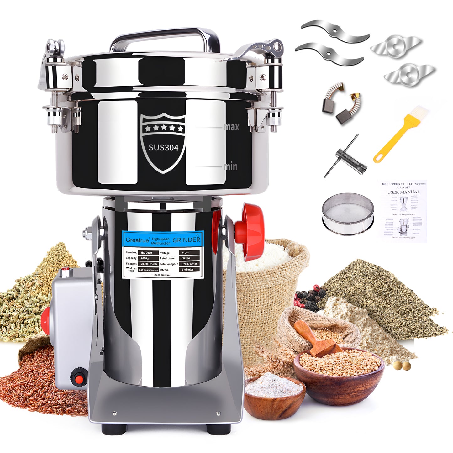 2000g Electric Grain Mill Grinder, 304 Stainless Steel Flour Mill, 3600W High Speed Spice Grinder, Electric Grain Mill for Dry Wheat, Oats, Corn, Pepper and Coffee Beans