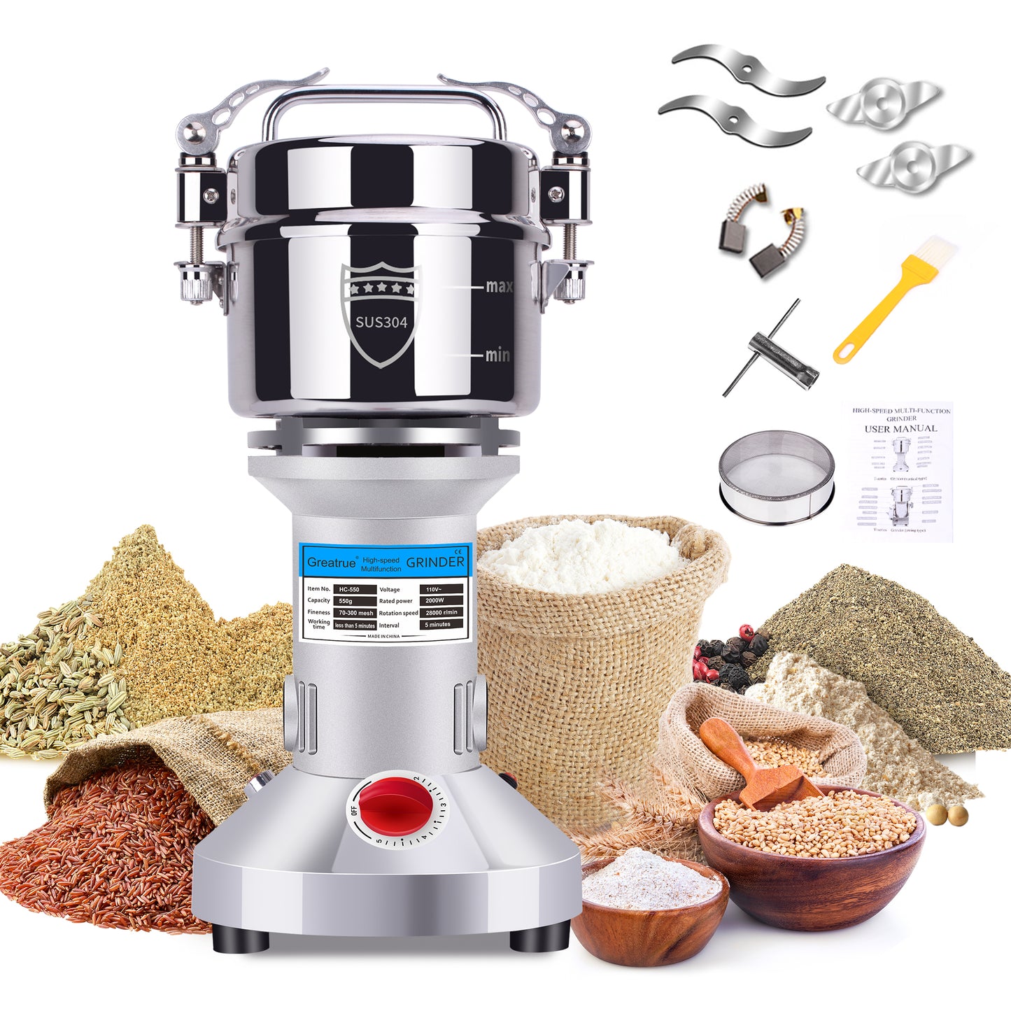 550g Electric Grain Mill Grinder, 304 Stainless Steel Flour Mill, 2000W High Speed Spice Grinder, Electric Grain Mill for Dry Wheat, Oats, Corn, Pepper and Coffee Beans