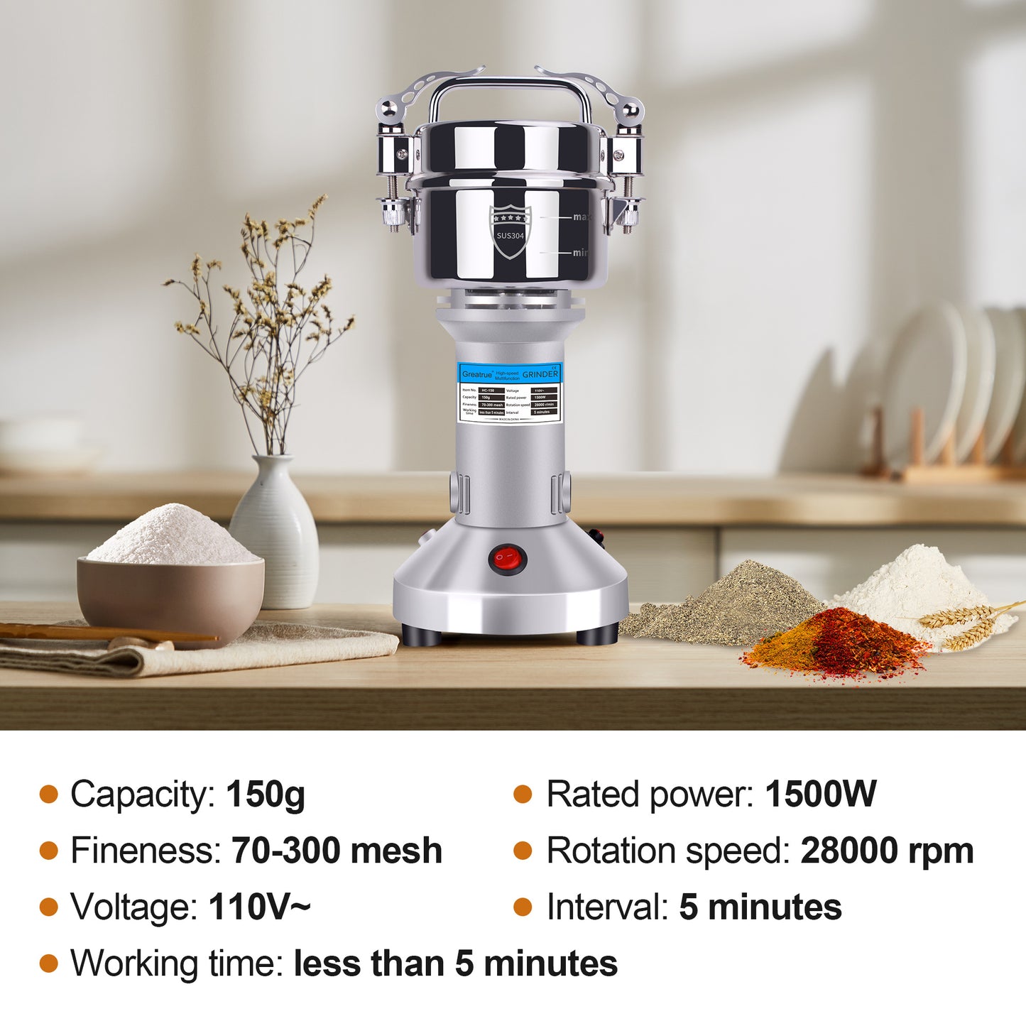 150g Electric Grain Mill Grinder, 304 Stainless Steel Flour Mill, 1500W High Speed Spice Grinder, Electric Grain Mill for Dry Wheat, Oats, Corn, Pepper and Coffee Beans