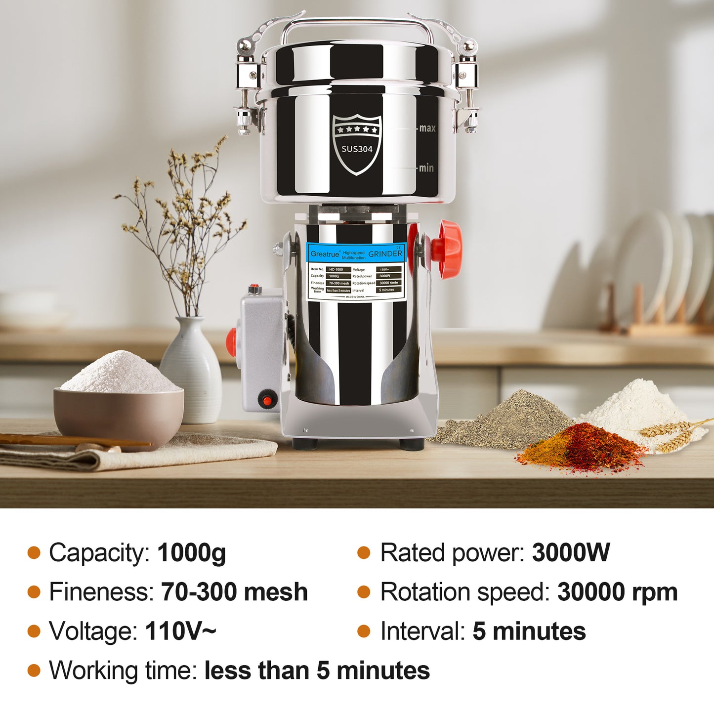 1000g Electric Grain Mill Grinder, 304 Stainless Steel Flour Mill, 3000W High Speed Spice Grinder, Electric Grain Mill for Dry Wheat, Oats, Corn, Pepper and Coffee Beans