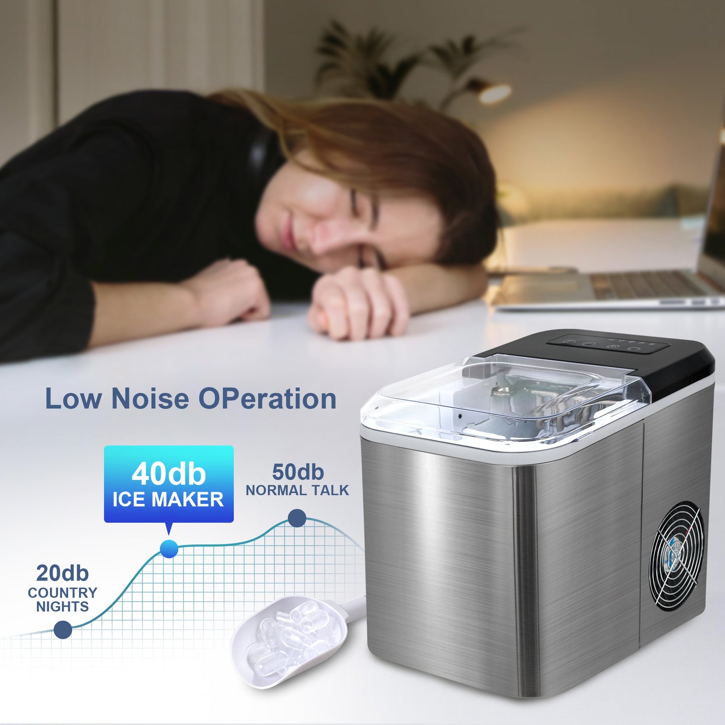 Countertop Ice Maker, 9 Ice Cubes in 6 Mins, 33 Lbs/24 Hrs, 2 Ice Cube Sizes, Self-Cleaning, Quiet Operation, Compact Design for Home/Office/Kitchen/Camping (Stainless Steel)