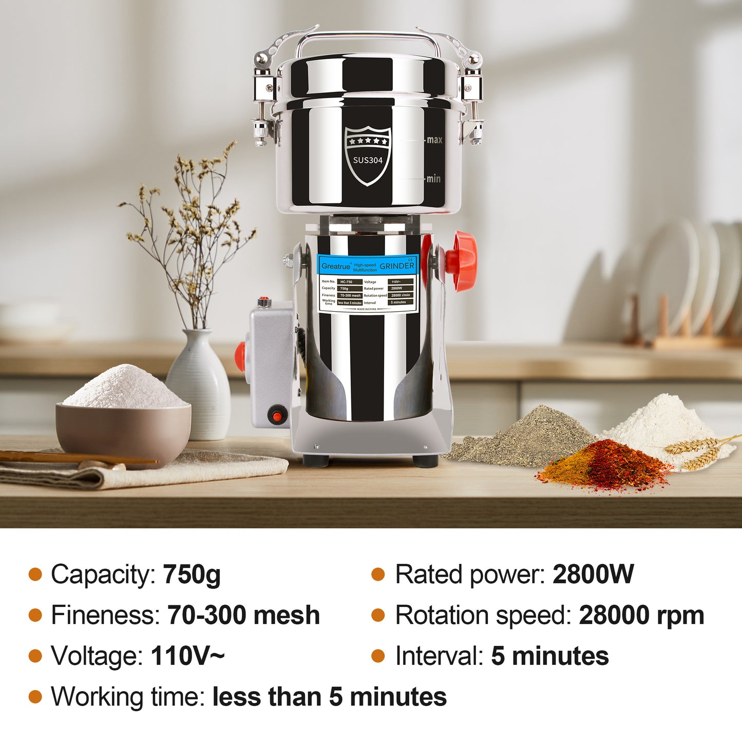 750g Electric Grain Mill Grinder, 304 Stainless Steel Flour Mill, 2800W High Speed Spice Grinder, Electric Grain Mill for Dry Wheat, Oats, Corn, Pepper and Coffee Beans