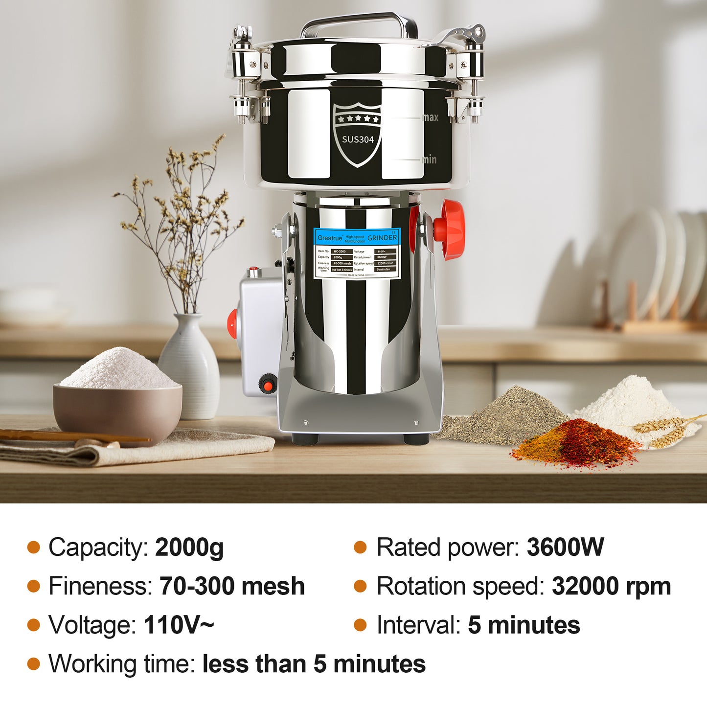 2000g Electric Grain Mill Grinder, 304 Stainless Steel Flour Mill, 3600W High Speed Spice Grinder, Electric Grain Mill for Dry Wheat, Oats, Corn, Pepper and Coffee Beans
