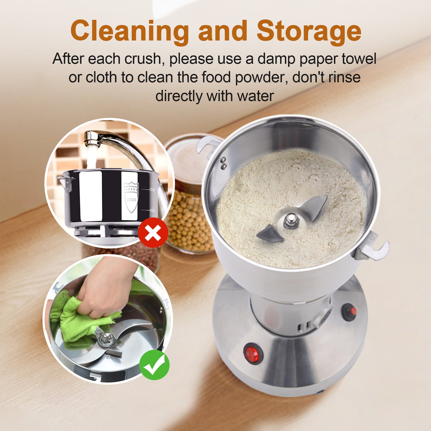 150g Electric Grain Mill Grinder, 304 Stainless Steel Flour Mill, 1500W High Speed Spice Grinder, Electric Grain Mill for Dry Wheat, Oats, Corn, Pepper and Coffee Beans