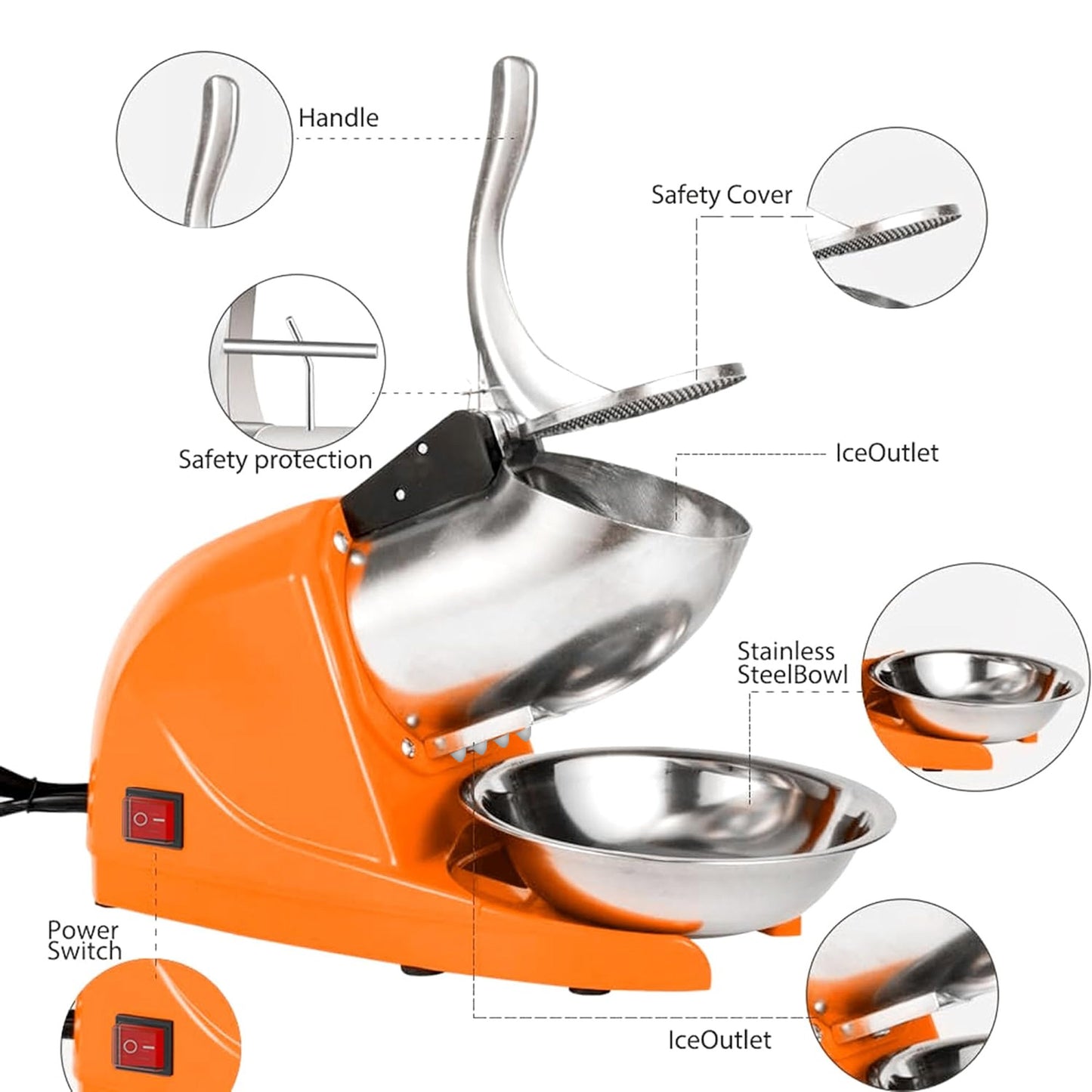 Shaved Ice Machine, Electric 3 Blade Snow Cone Machine, 380W Crusher Ice Maker, 286 lb/hr Ice Crusher, Commercial and Home Ice Crusher (Orange)