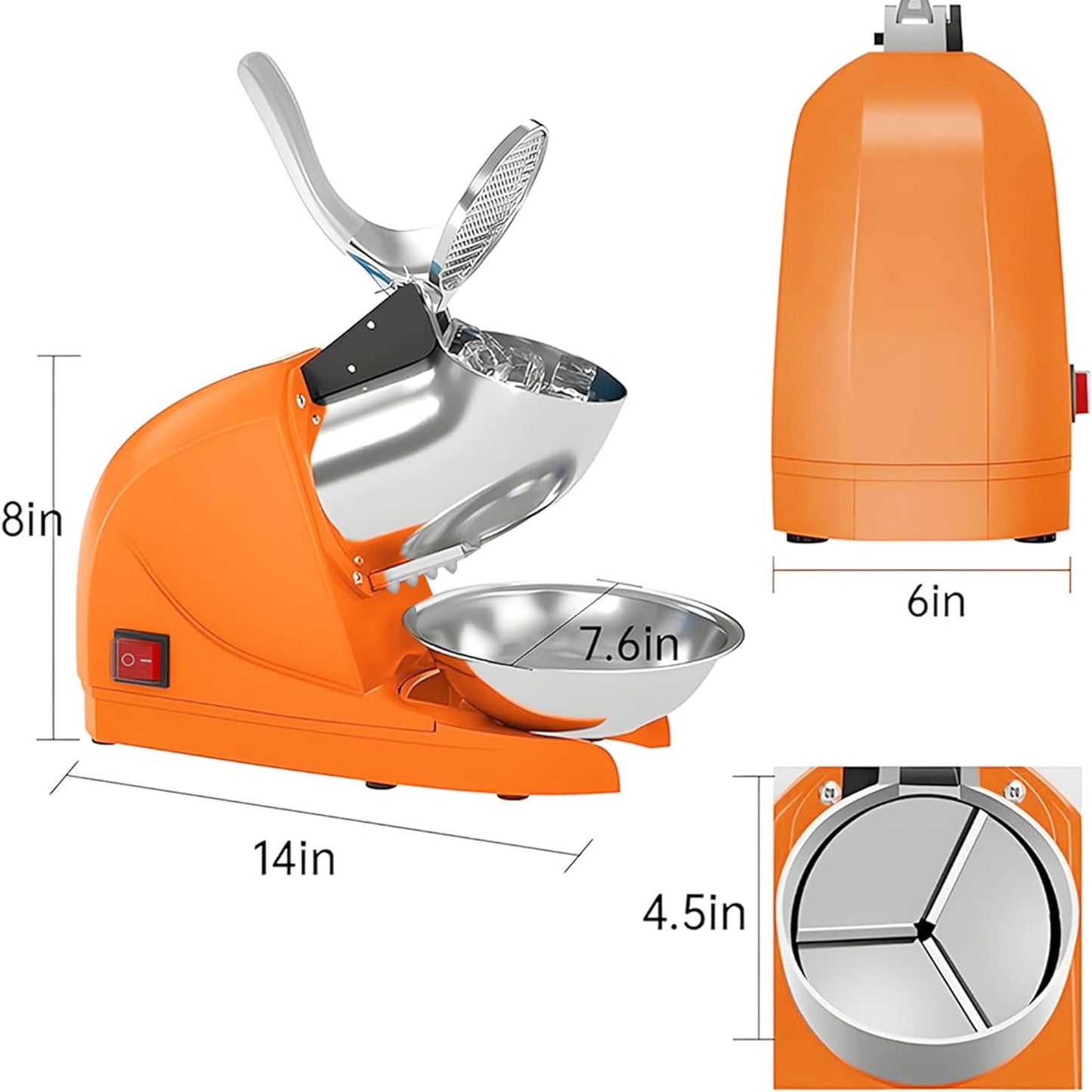 Shaved Ice Machine, Electric 3 Blade Snow Cone Machine, 380W Crusher Ice Maker, 286 lb/hr Ice Crusher, Commercial and Home Ice Crusher (Orange)