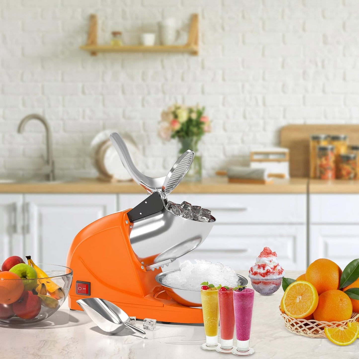 Shaved Ice Machine, Electric 3 Blade Snow Cone Machine, 380W Crusher Ice Maker, 286 lb/hr Ice Crusher, Commercial and Home Ice Crusher (Orange)