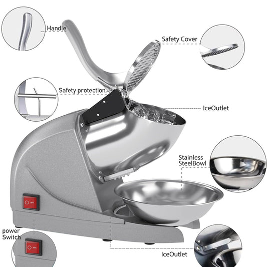 Shaved Ice Machine, Electric 3 Blade Snow Cone Machines, 380W Ice Crusher Machine, 286 lb/hr Ice Crusher, Ice Shaving Machine for Home and Commercial (Silver)