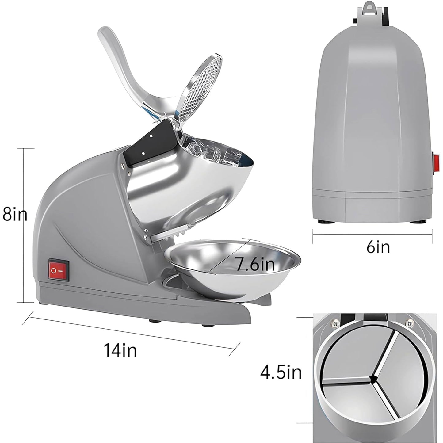 Shaved Ice Machine, Electric 3 Blade Snow Cone Machines, 380W Ice Crusher Machine, 286 lb/hr Ice Crusher, Ice Shaving Machine for Home and Commercial (Silver)