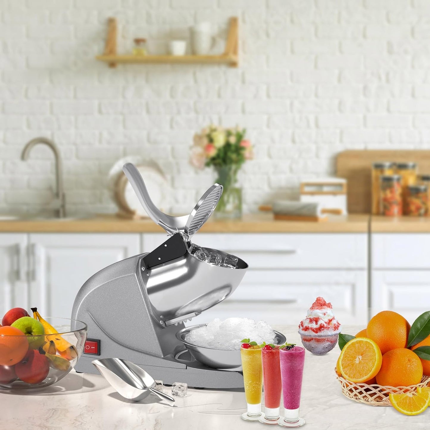 Shaved Ice Machine, Electric 3 Blade Snow Cone Machines, 380W Ice Crusher Machine, 286 lb/hr Ice Crusher, Ice Shaving Machine for Home and Commercial (Silver)