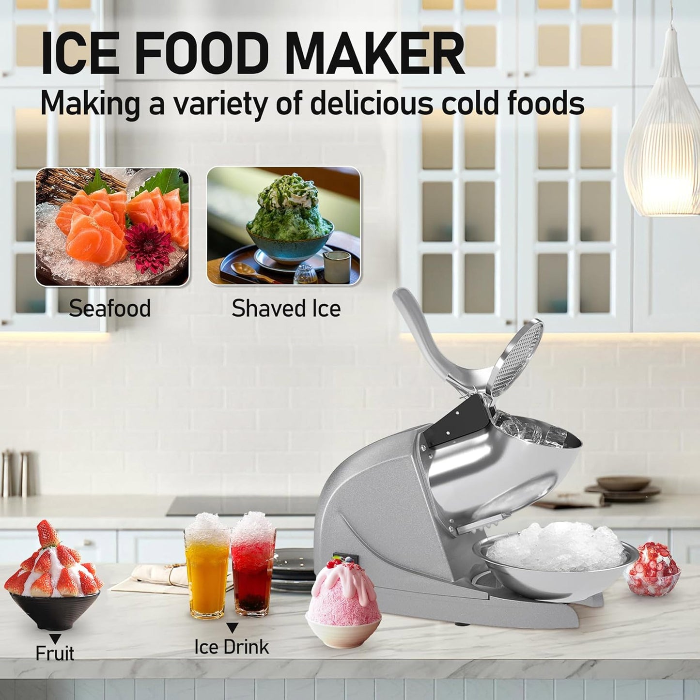 Shaved Ice Machine, Electric 3 Blade Snow Cone Machines, 380W Ice Crusher Machine, 286 lb/hr Ice Crusher, Ice Shaving Machine for Home and Commercial (Silver)